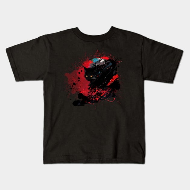 Cat Black Red Splash of color Kids T-Shirt by Vinthiwa